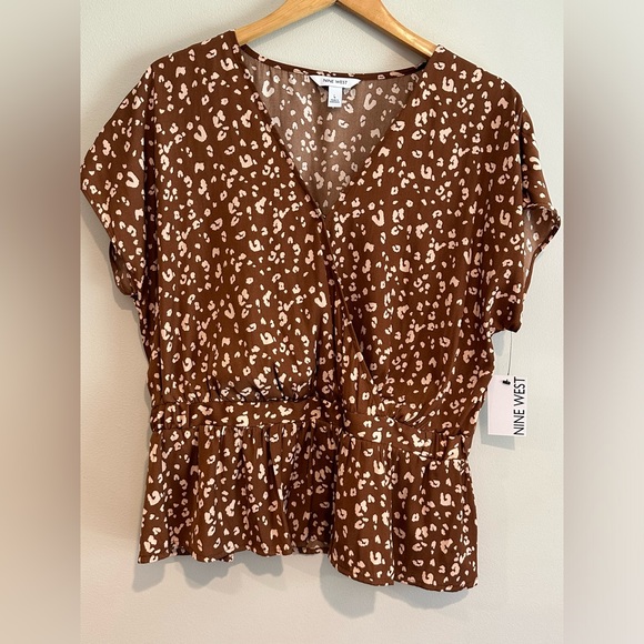 Nine West Tops - Nine West brown spotted criss cross blouse
